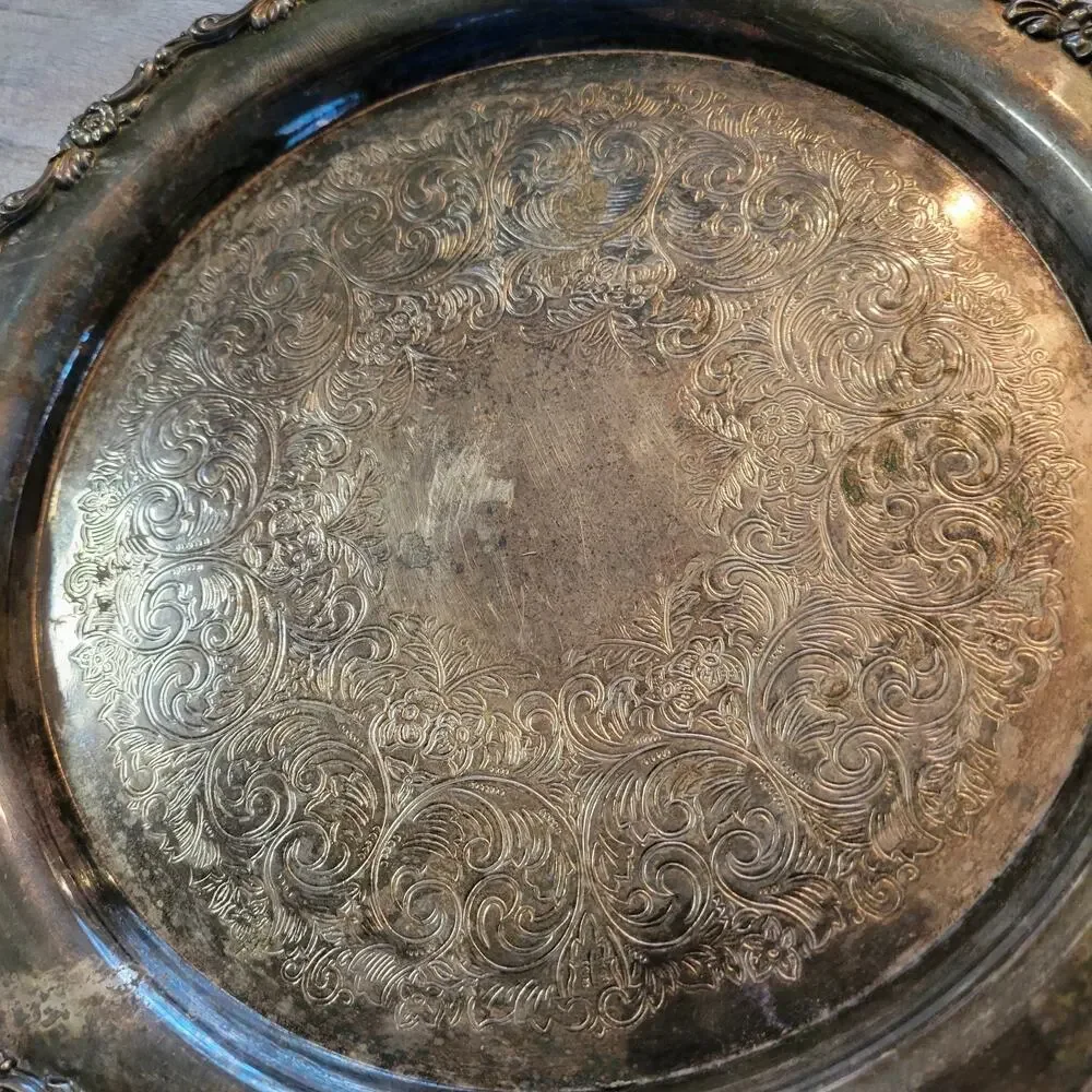 Vtg Silver Plated Serving Tray Ornate Edge Scroll Designs USA Cottagecore Patena